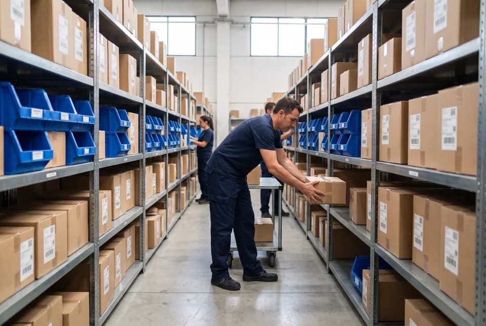 Escena generada con IA: reposición de mercancía en estanterías de almacén con cajas y contenedores de picking