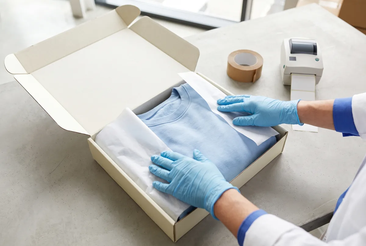Escena ilustrativa generada con IA: manos envolviendo una prenda con papel de seda dentro de su caja de envío